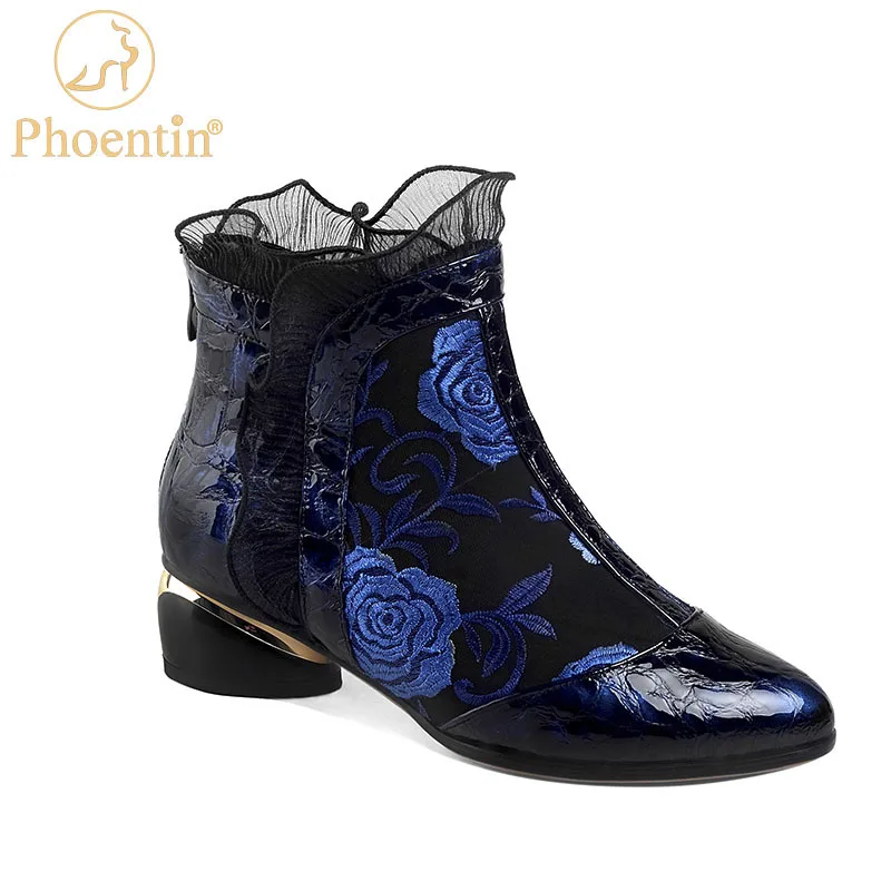 

Женские кружевные зимние короткие ботильоны Phoentin из натуральной кожи, Дамская Высококачественная обувь на среднем каблуке с цветочной выш...