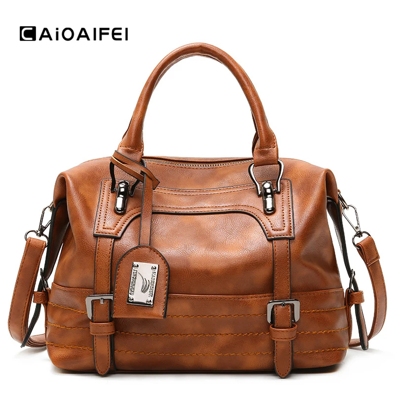 

CAIOAIFEI retro soft Oil wax Leather women boston bag tassel women luxury handbags large capacity tote bags fashion shoulder bag