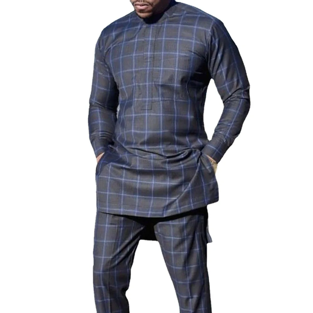

Ethnic Men T-Shirt Long Sleeve Plaid Print Mid-Length Spring Fall Tops African Fashion Muslim Male Plus Size 4xl Simple Tee New
