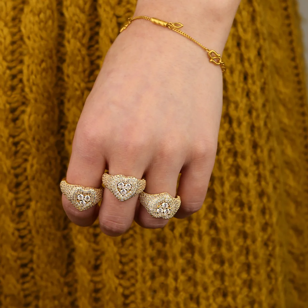 

Big gold color plated full cz paved wide band heart shape love wedding rings for women men engagement Jewelry Wholesale Bulk