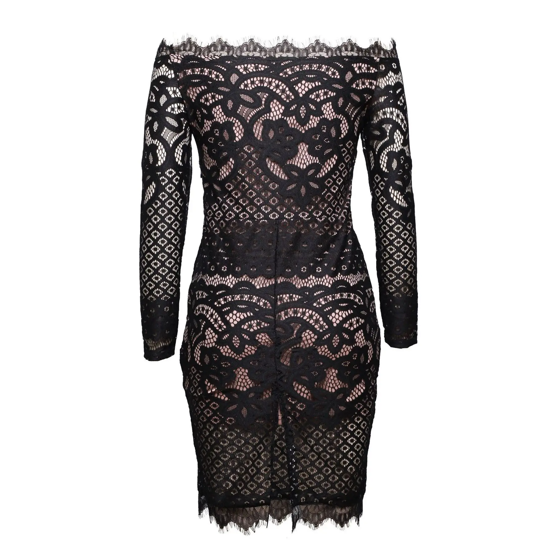 

BacklakeGirls 2021 Black Floral Lace Cocktail Dress Round Neck Long Sleeve Split Bodycon Sexy Party Dress Vestido Coctel