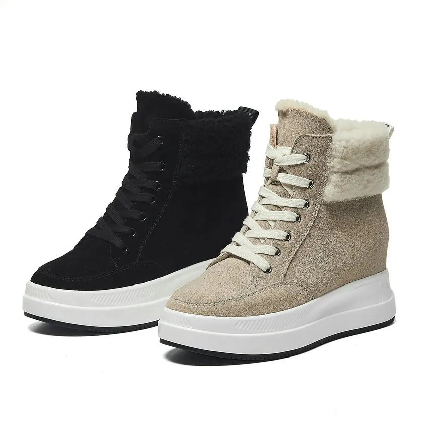 Женские ботинки на танкетке QUTAA зимние теплые меху со шнуровкой и закругленным