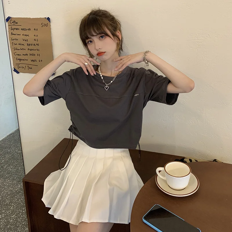 

Real Shot Summer New Drawstring Stitching Gray T-shirt for Women