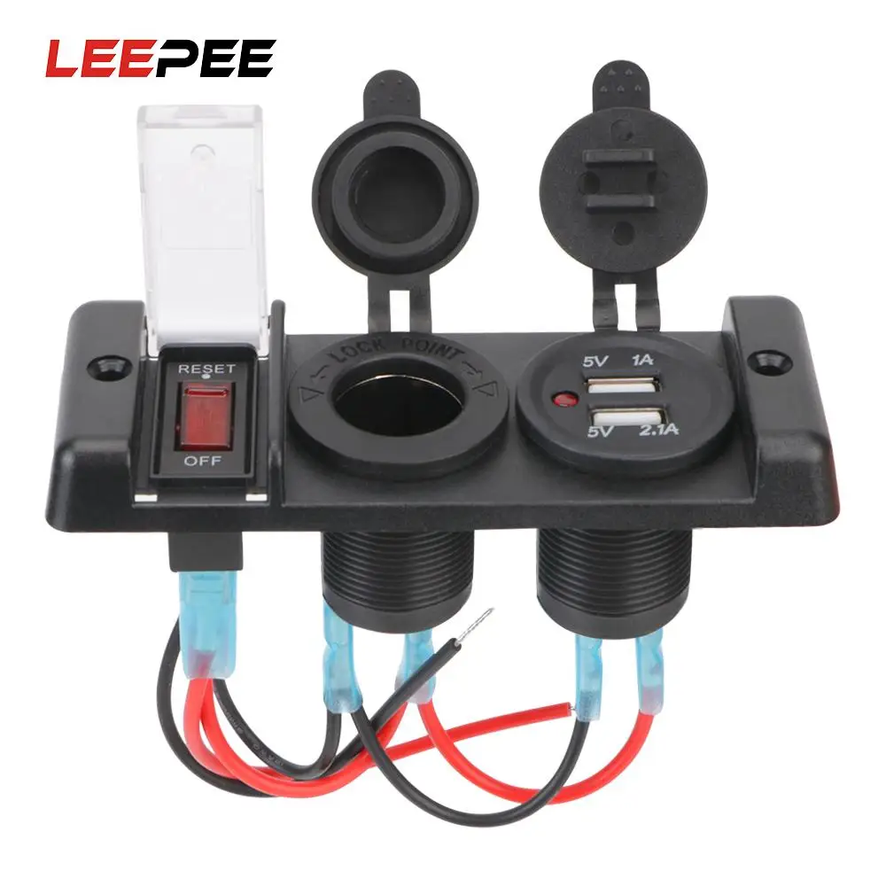 

2-hole Switch Panel for Car Pre-wired Breaker LED Indicator & Cigarette Lighter Socket Dual USB Socket Charger 2.1A/1A 12V