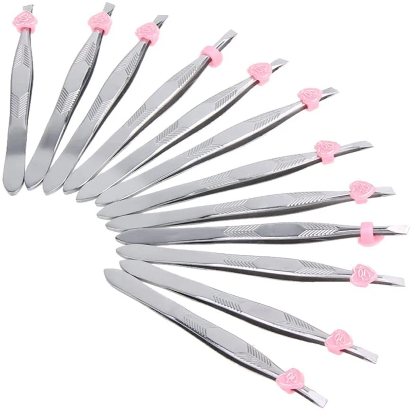 

12Pcs/Set Stainless Steel Slanted Eyebrow Tweezers Face Hair Removal Clip Makeup Tool Ladies Cosmetics Beauty