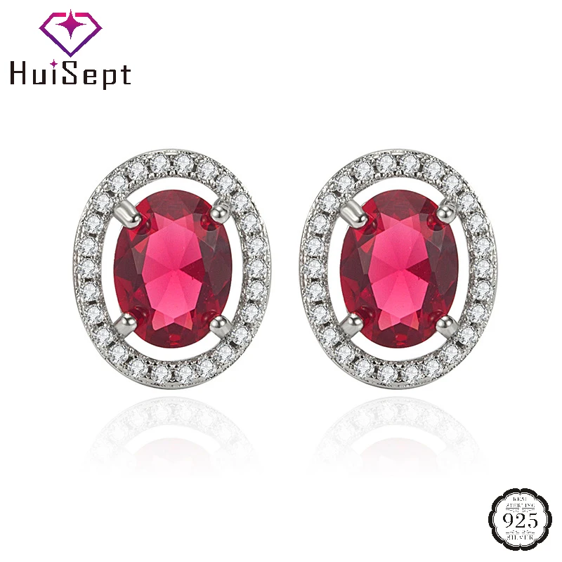 

HuiSept Retro Earrings 925 Silver Jewelry Oval Shape Ruby Zircon Gemstones Stud Earring for Women Wedding Engagement Accessories