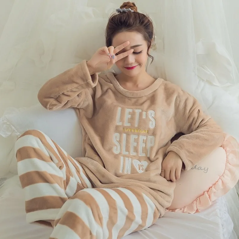 2PCS Autumn Winter Stripe Flannet Coral Velvet Women Night Sleepwear Soft Pajamas Homewear Set
