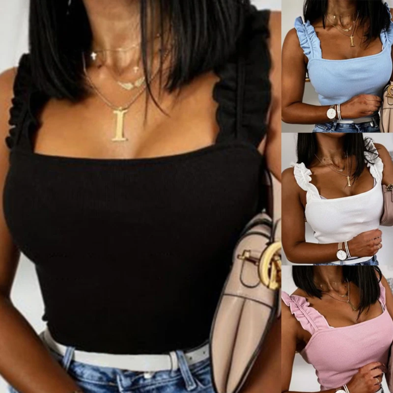 

Tank Tops Women Square Collar Solid Knit Casual Basic Summer Ribbed Slim Ruffles Tops Women