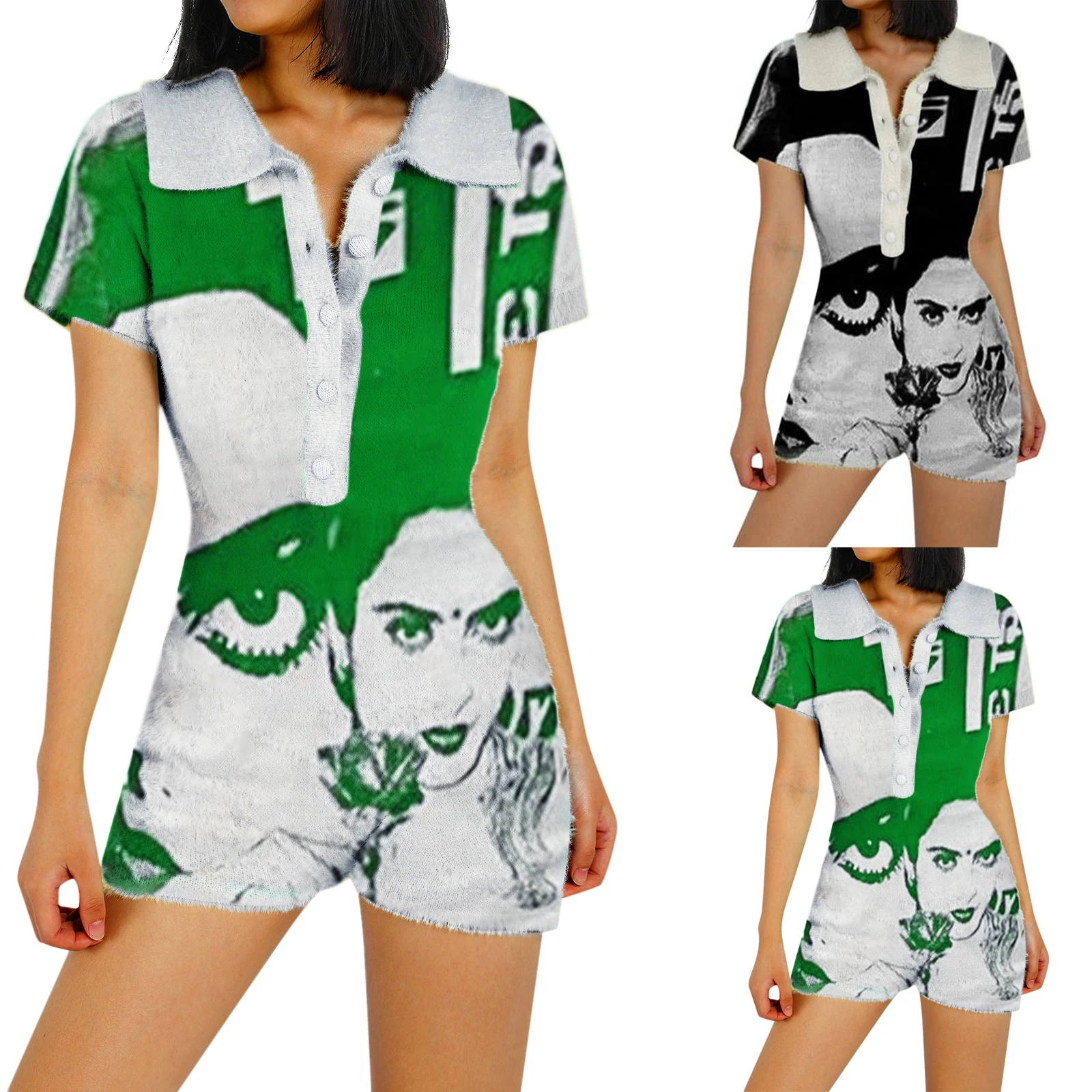 

Summer Hot Outfits Women Close-fitting Overalls,New Fashion Casual Variegated Color Turn-down Collar Short Sleeve,S/ M/ L