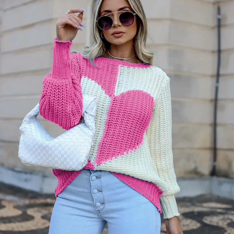 

Vintage Purple Love Pattern Flare Sleeve Knit Sweater Women O Neck Fashion Sweater Elegant Lady Winter England French Sweater