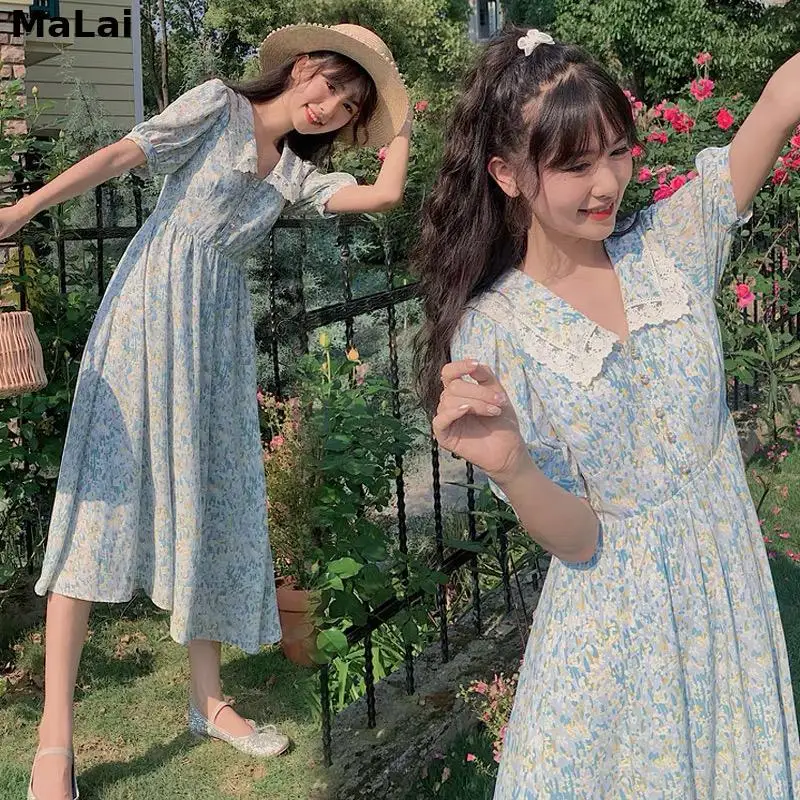 

2021 Summer Women Midi Lolita Dress Turn-Down Collar With Lace Yellow Floral Printed Dress Short Sleeve Fairycore Kawaii Dresses