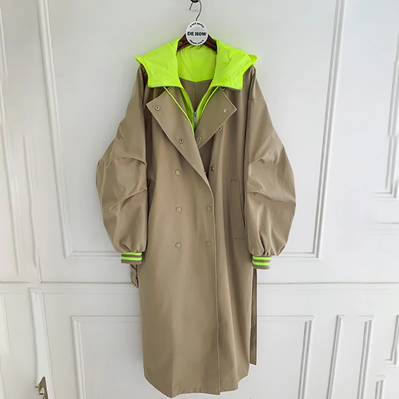 

[EWQ]2021 Spring Autumn New Hooded Trench Coat Korean 1 Khaki Long Coat Female Trenchcoat Overcoat Hot Sell Fall Clothes