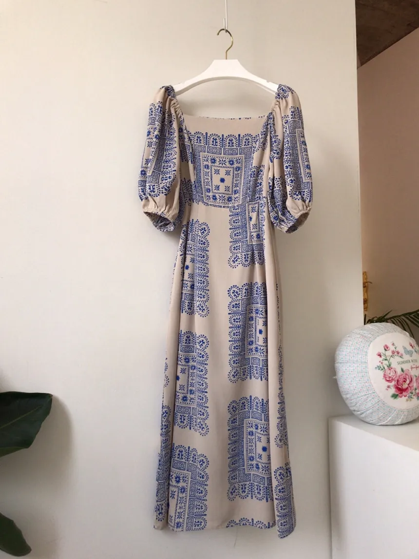 

Korea's Chic Summer Fashion Print Dress Women Blue Lantern Sleeve Square Collar Slim High-waist Dress Elegant Party Long Dresses