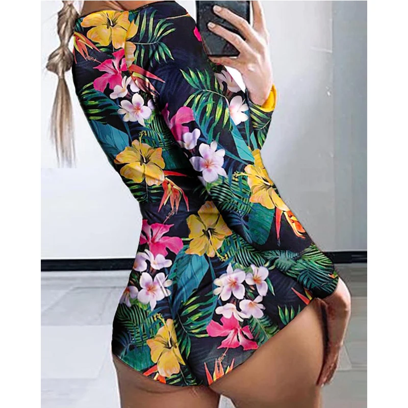 

Summer Ladies Deep V Neck Long Sleeve Stretch Printed Short Romper Nightwear Women Sexy Sleepwear Overalls Bodysuit Playsuit