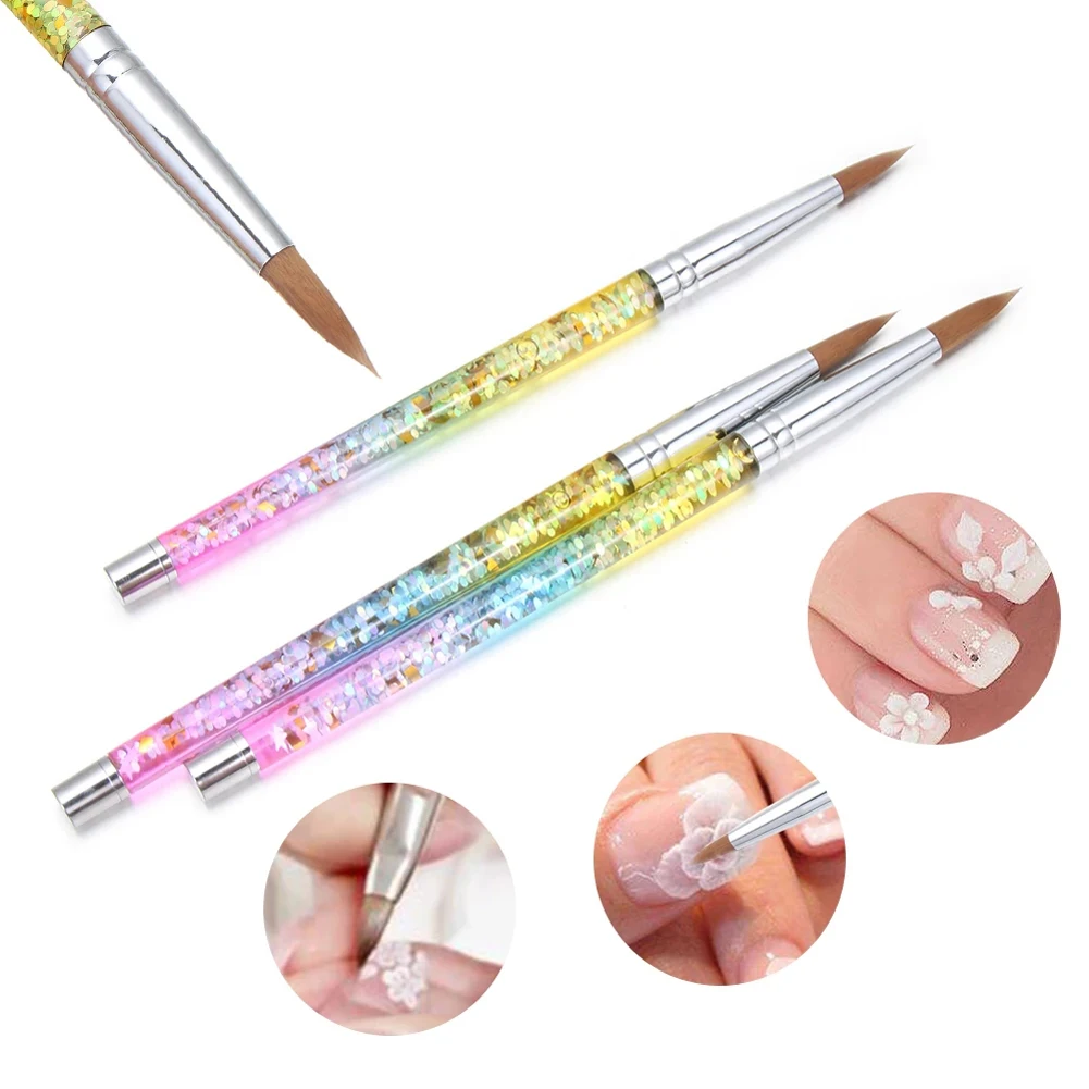 

New Glitter Handle Nail Art Brush for Acrylic Powder 100% Nylon Manicure Acrylic Nails Round Nail Art Brush With Liquid 3 Sizes