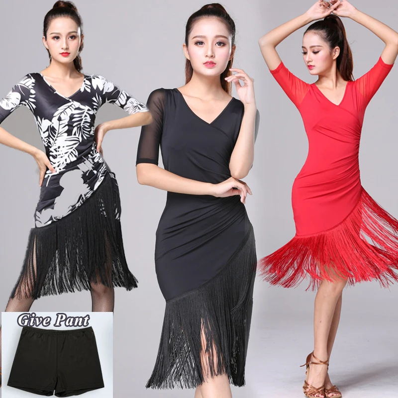 

Latin Dance Dress Black Fringe One-Piece Dress Tassel Short Sleeve Party Dancer Practice Wear Ballroom Salsa Tango Show Costume