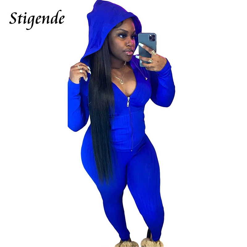 

Stigende Women Tracksuit 2 Piece Set Zipper Pocket Long Sleeve Hooded Jacket Top and Pants Solid Color Slim Casual Active Wear