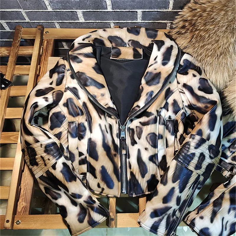 Genuine Leather Jacket Women Sexy Leopard Sheepskin Jacket Large Raccoon Fur Collar Real Fur Coat Women