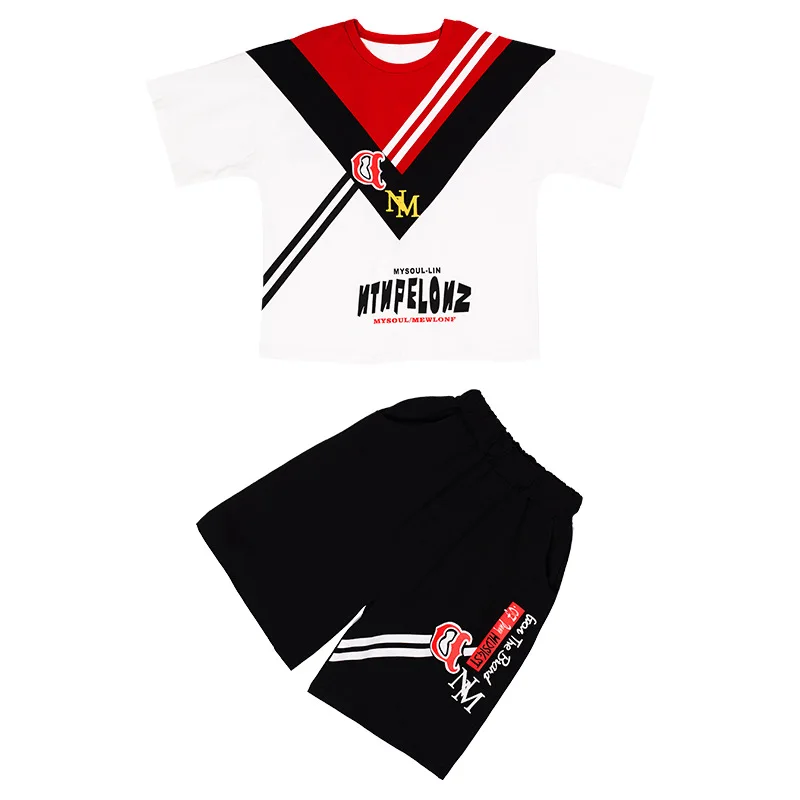 

hip hop suit children's hip hop fashion summer loose splicing short sleeve children's group dress handsome performance dress