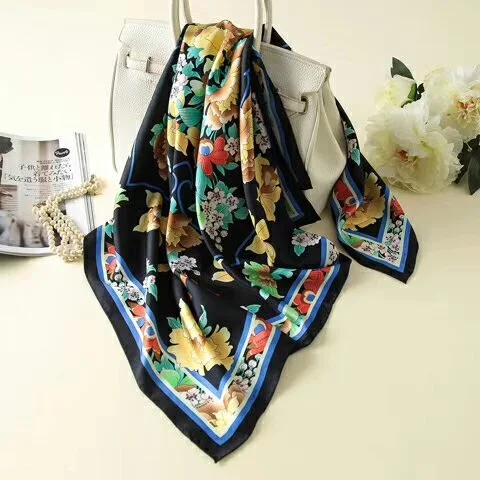 Женский шарф из 100% шелка элегантная шаль с черным цветком квадратная саржевая