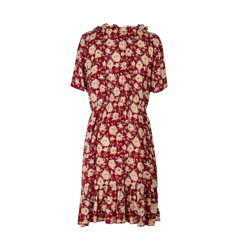 

Women Floral Dress Casual Long High Waist Summer Dress Short-sleeved Print Dresses H1