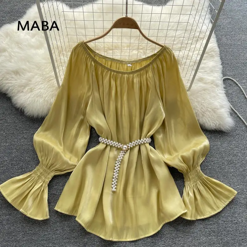 

2021spring Autumn Women Slash Neck Long Shirt Yellow / Purple / Black / Gray Flare Sleeve Pearl Sashes Fashion Elegant Shirt Top