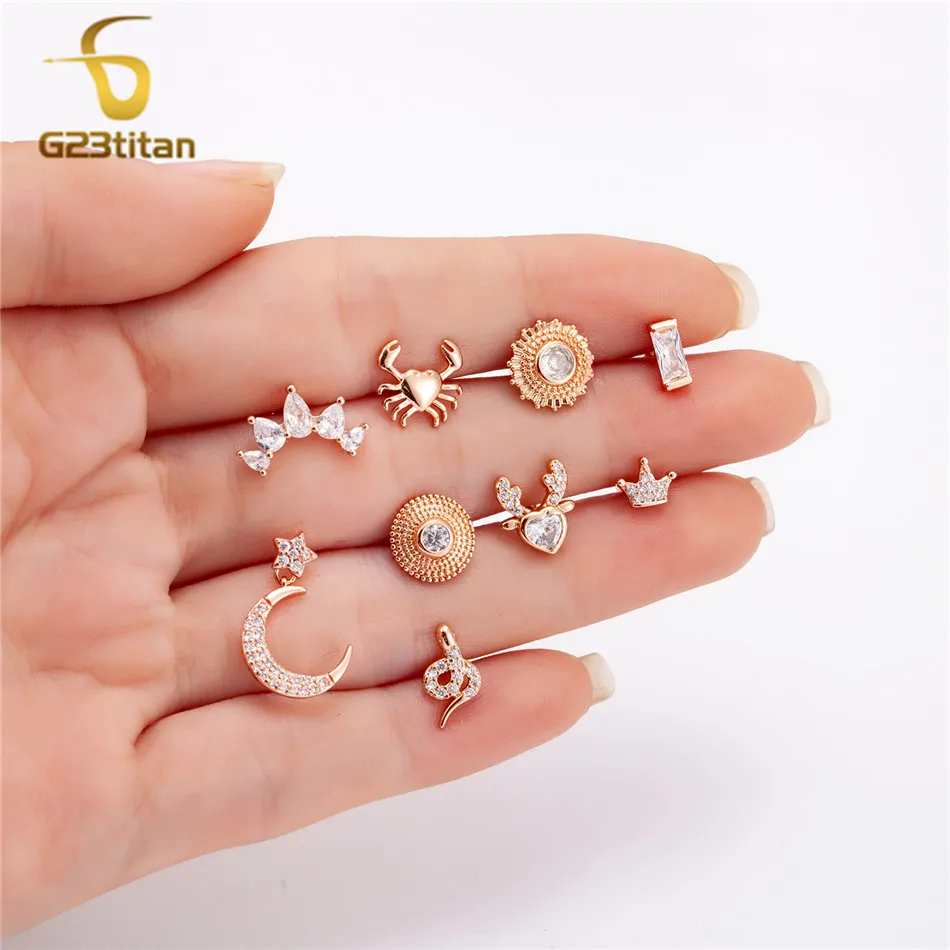 

Pink Gothic Jewelry Rose Gold Plated Stainless Steel Cartilage Earring Women Crystal Ear Studs Helix Tragus Lobe Piercing Rings