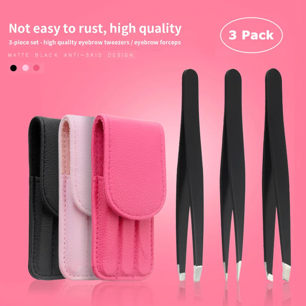 

3 Pcs/set Grooming Tweezer Eyelashes Eyebrow Stainless Steel Tweezers Set with Storage Bag Makeup Tools,