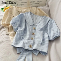 pearl diary womens button front top in check puff sleeve cropped length shirts tie back crop top peter pan collar sweet tops