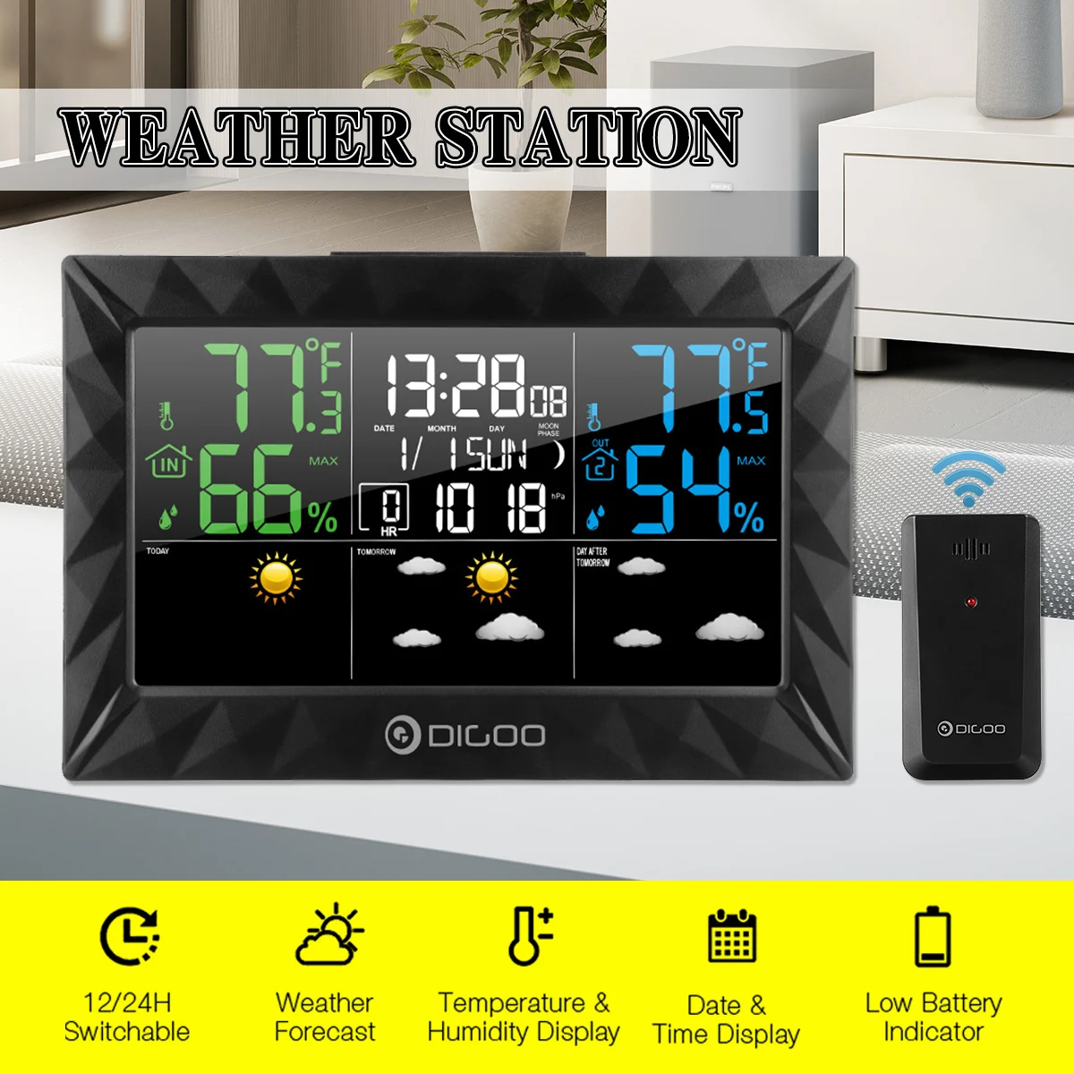 DIGOO DG-8270A Цвет Погодная станция+ открытый дистанционного Сенсор термометром и гигрометром декоративные часы для Повтор Sunrise Sunset Дисплей 3CH