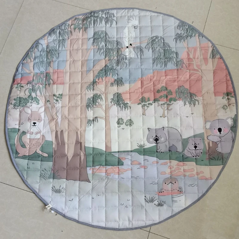 

85DE Baby Play Cushion Mat Crawling Carpet Kids Room Floor Rug Round Cartoon Animal Forest Printed Game Pad Playmat Children