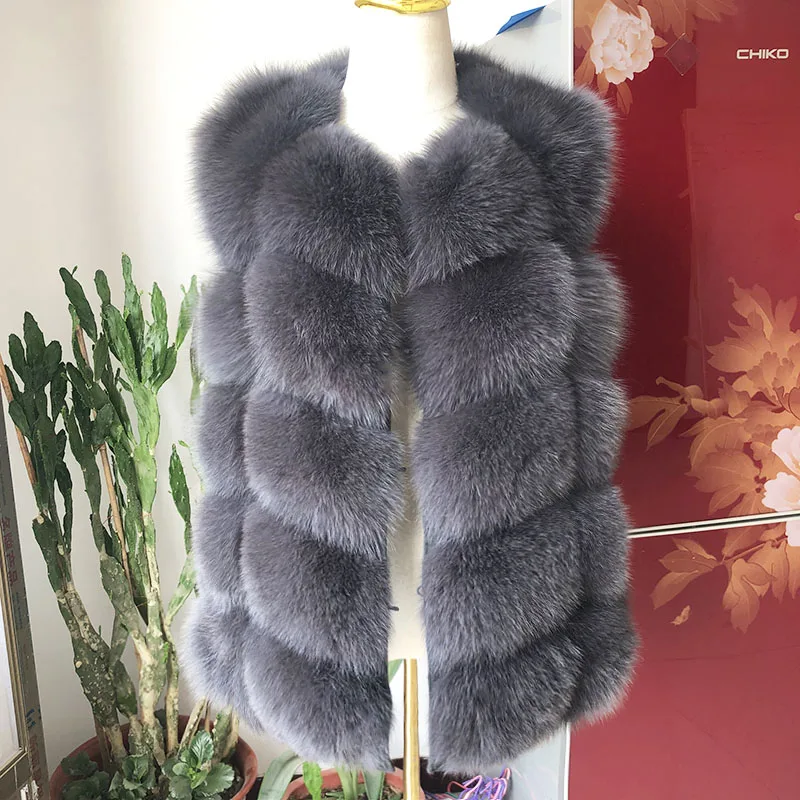 Gray Новинка, модный жилет из лисьего меха, натуральный мех, куртка для женщин, зимнее теплое меховое пальто, высокое качество, кожаный жилет - Цвет: Gray