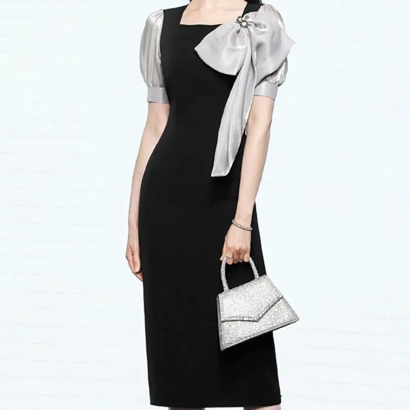 

2021 Summer New French Dress Retro Color Contrast Patchwork Puff Sleeve Exquisite Bow Dress Fashionable Slim Temperament Dress