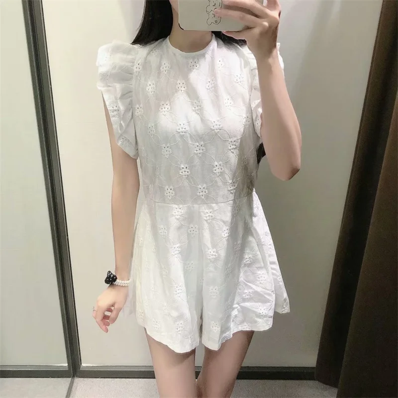 

Summer White Embroidered Ruffle Playsuits Women 2021 Za Sexy Sleeveless Back Opening Playsuits Chic Round Neck Short Jumpsuit
