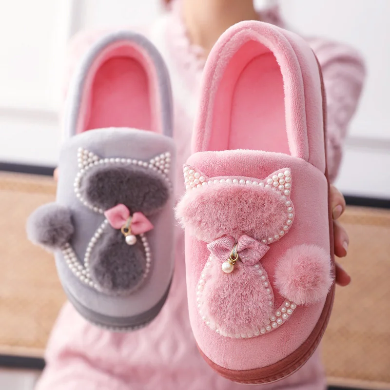 Winter Women Slippers Shoes Home Cute Thick Bottom Cat Warm Plush Ladies Shoe Fashion Flat Platform Female Casual 2021 New | Обувь