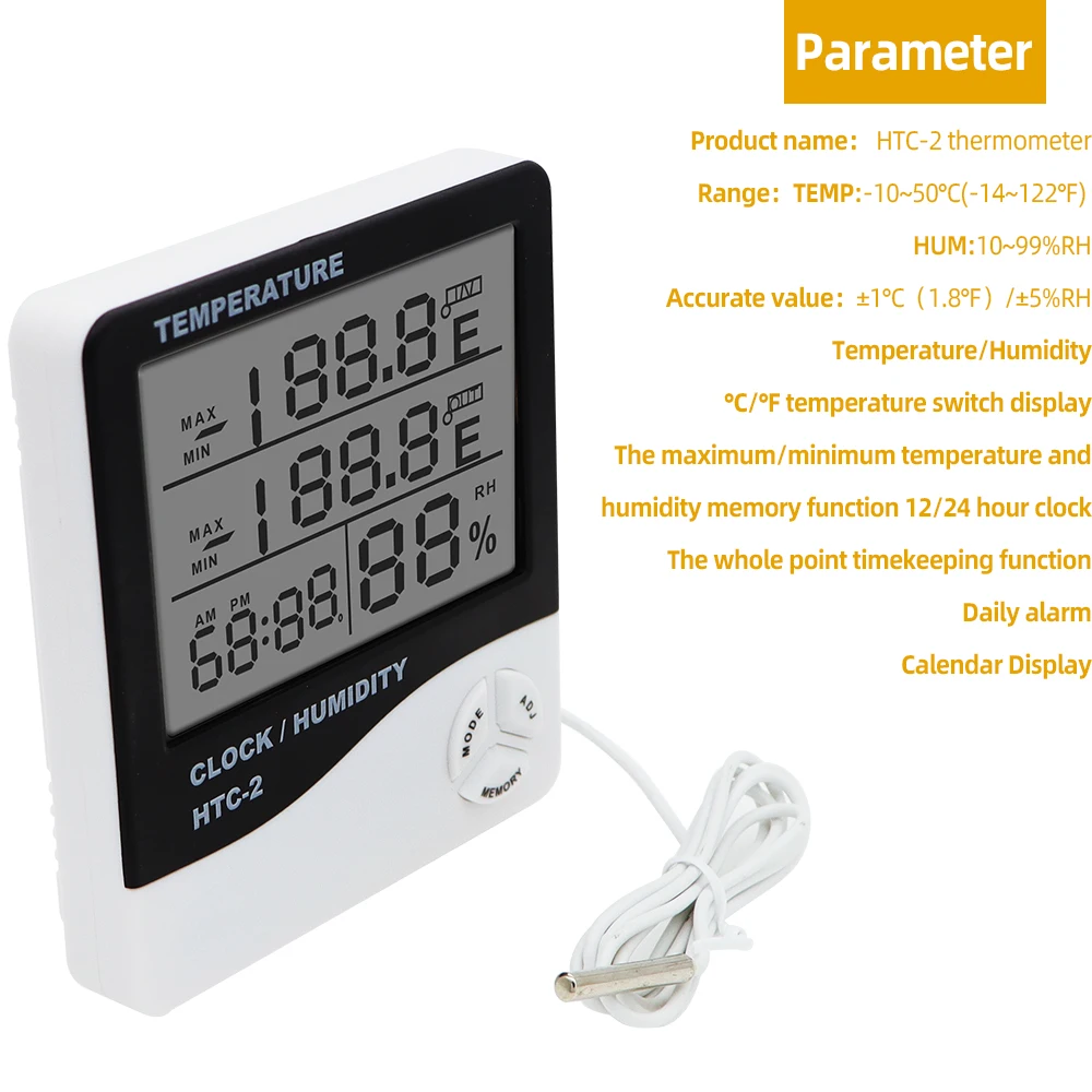 HTC-2 Home Indoor Outdoor Thermometer Hygrometer Digital Temperature Humidity Display Meter Clock Weather Station Probe 40%OFF |