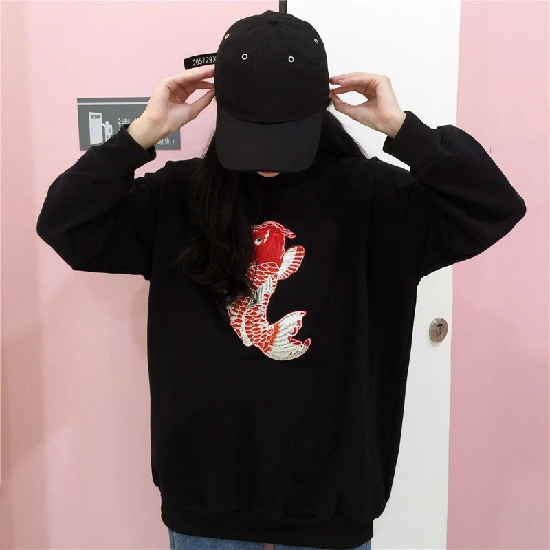 

New Autumn Hoodies Women Chinese Style Hoodies Cotton Cute Koi Embroidery Hoodie Loose Round Neck Pullovers Casual Man Hoodie