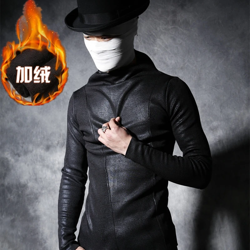 Winter Men's High Collar Plus Velvet Thickening Bottoming Shirt Slim Long-sleeved Hair Stylist Hooded Men Streetwear 2020 | Мужская
