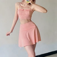 femotwin backless 2pcsset sexy women suit fashion ruffed sleevelss top mini skirt solid elastic a line skirt short top summer