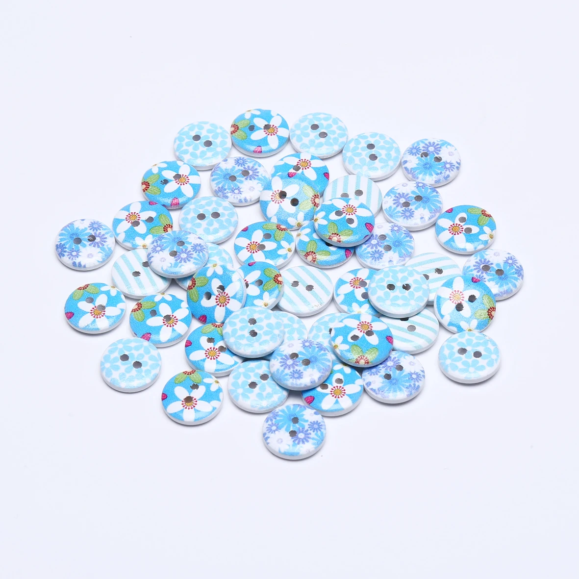 

100pcs 15mm Blue Mixed Wooden Buttons Dots Checks Stripe Round 2 Holes For Scrapbooking Sewing Embellishments DIY Crafts