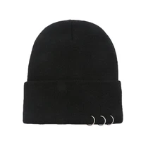 fashion unisex metal ring knitted beanie hat winter warm solid color skull cap