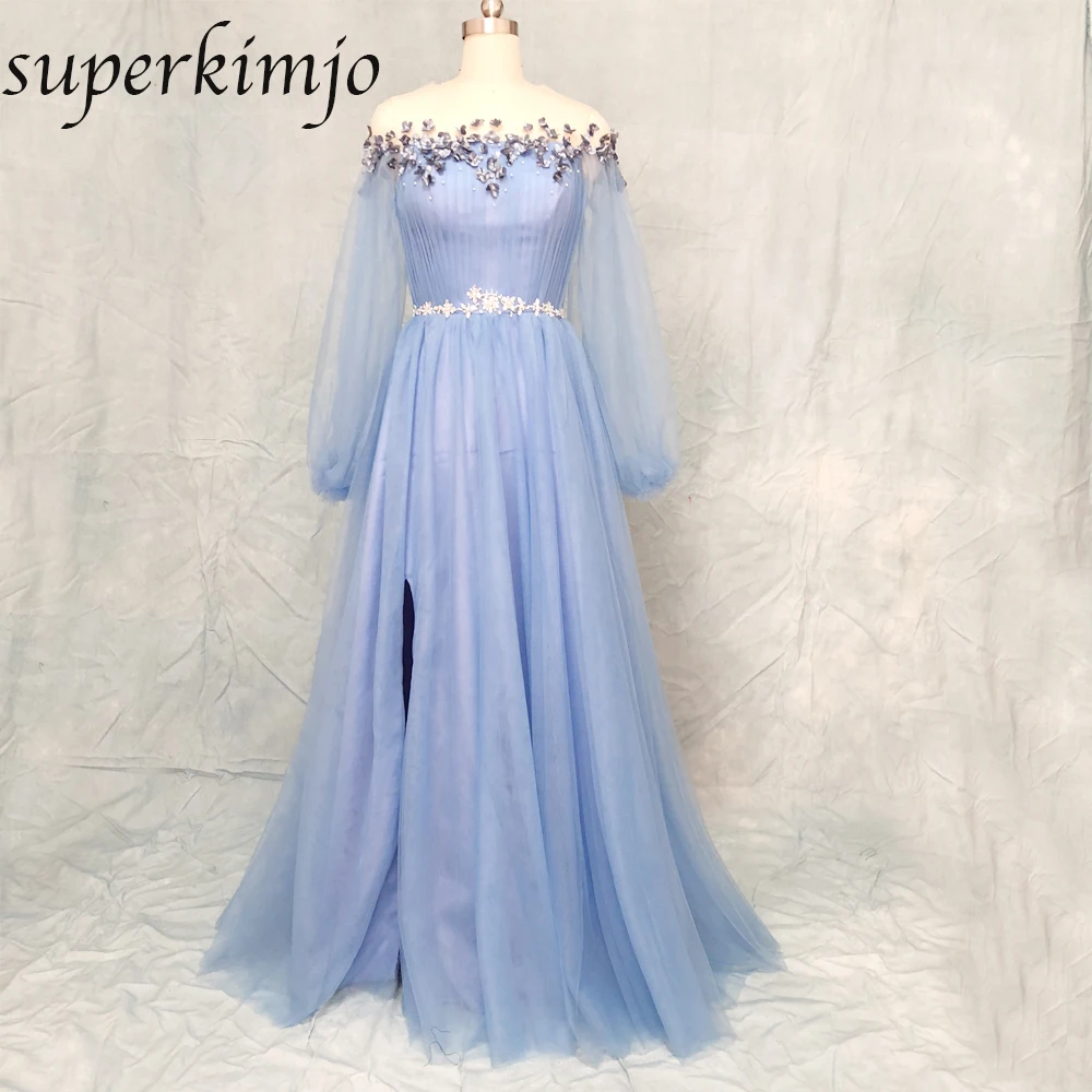 Женское вечернее платье с длинным рукавом синее Плиссированное ТРАПЕЦИЕВИДНОЕ