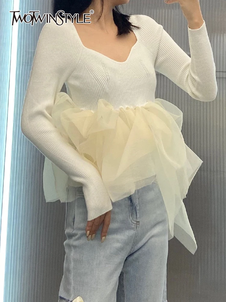 

TWOTWINSTYLE Slim Solid Sweater For Women V Neck Long Sleeve Patchwork Mesh Knitting Pullover Female Clothing Korean Fashion New