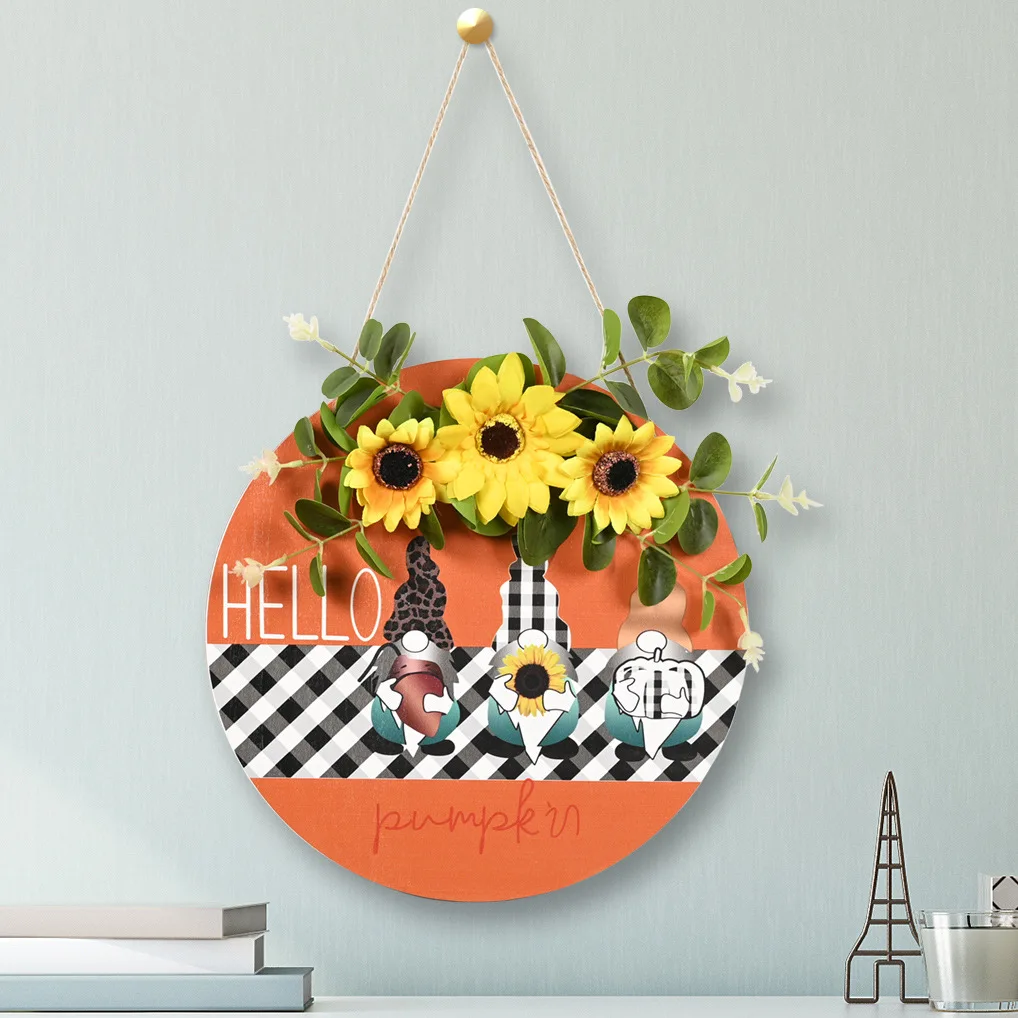 

New Harvest Festival Decoration Wooden Doorplate Sunflower Black and White Plaid Printed Dwarf Doll Thanksgiving