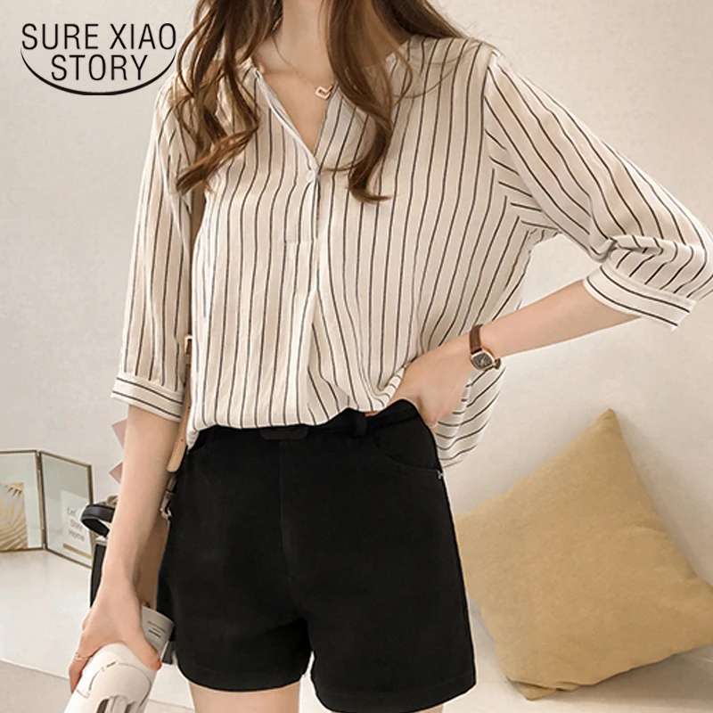

Blusas 2021 Summer Plus Size Women Tops and Blouse Female V-neck Stripe Shirt Casual Women Chiffon Shirt New Lady Tops 0753