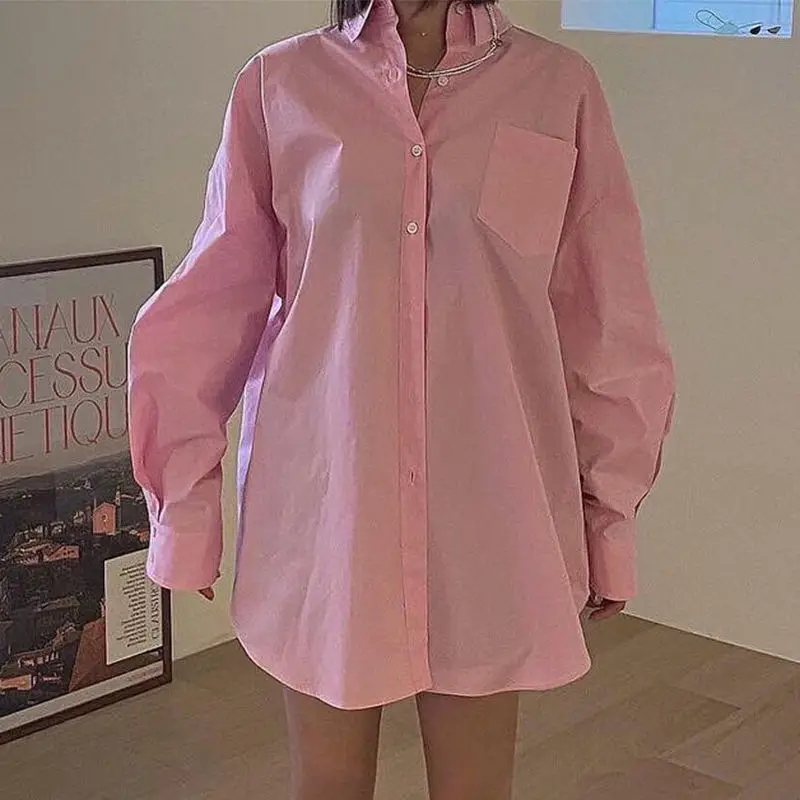 

2021 new spring simple and fashionable basic shirt lapel single-breasted loose casual lantern sleeve mid-length shirt blous