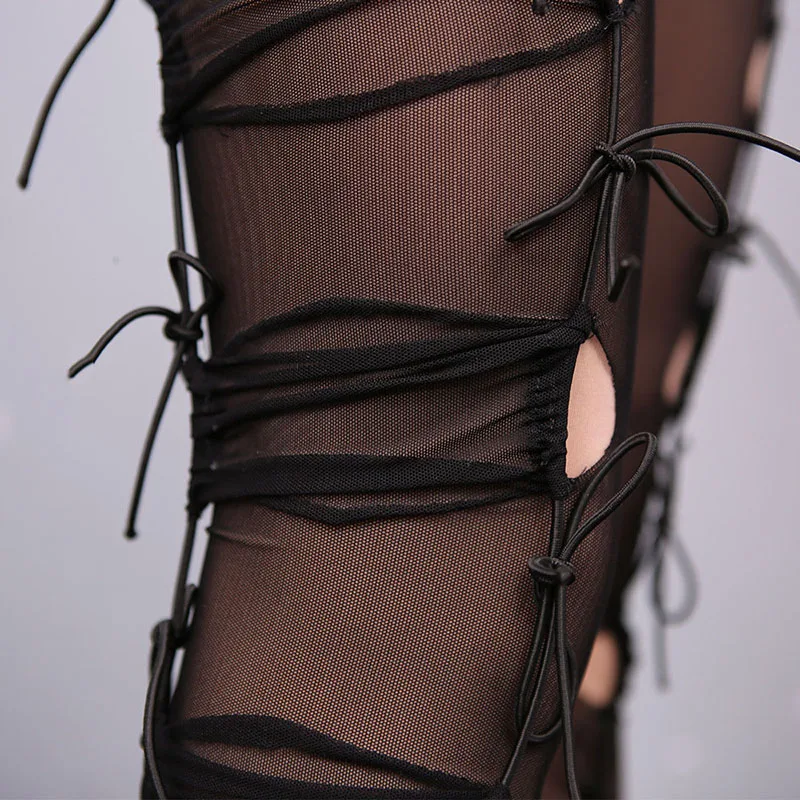 Женские сексуальные колготки в сеточку отверстие леггинсы шнурок черный