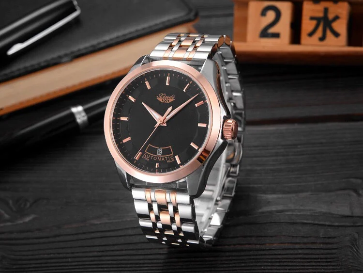 

Hot sale in gold style, simple round hollow men's mechanical watch with solid steel band 2021 new casual fashion business