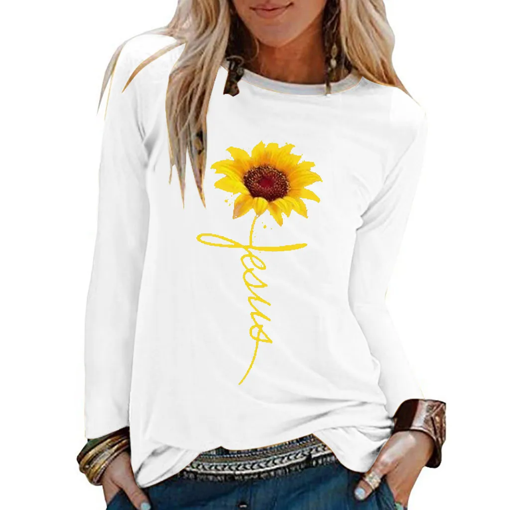 Новинка, Футболки женские, повседневные, Подсолнух, принт, футболки с круглым вырезом, длинный рукав, топ, свободная футболка, Женская мода#30