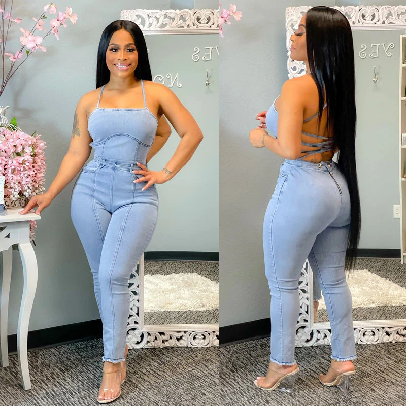 

Women Sexy Backless Lace Up Bandage Hollow Out Jumpsuit Off Shoulder Denim Long Jumpsuit Sleveless Summer Overalls Streetwear